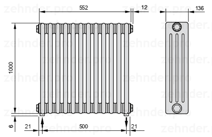 Схема (чертеж) Радиатор Zehnder Charleston 4100/12 №3570 Белый глянцевый RAL 9016